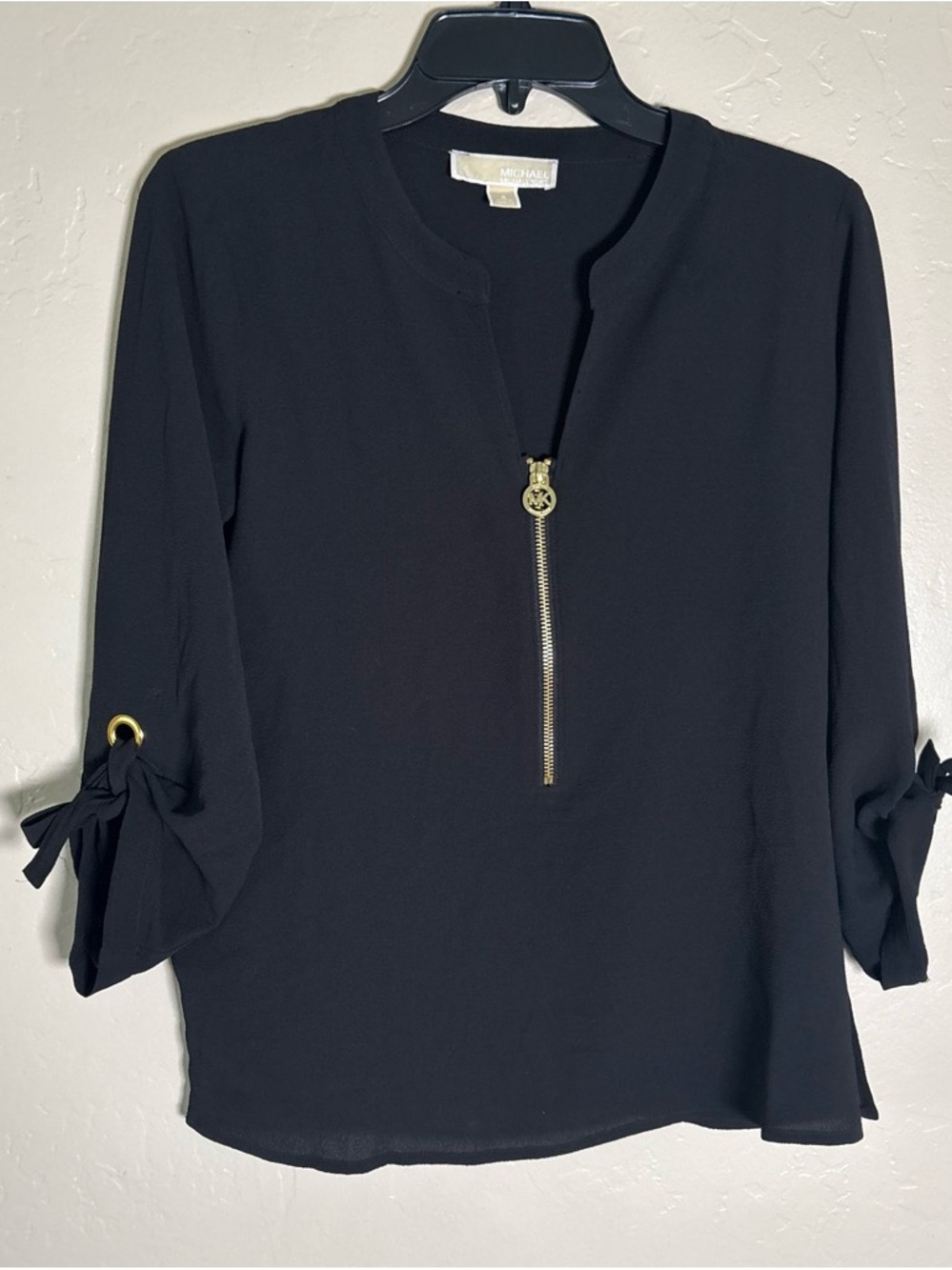 Michael Kors Black Zip-Front Blouse with Gold Accents